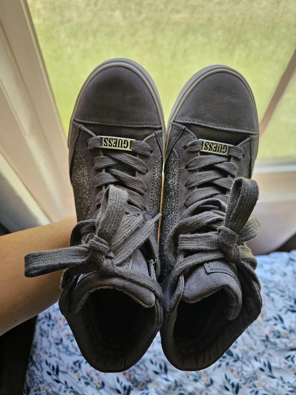 GUESS Taupe Glitter-Panel High-Top Women's Sneakers